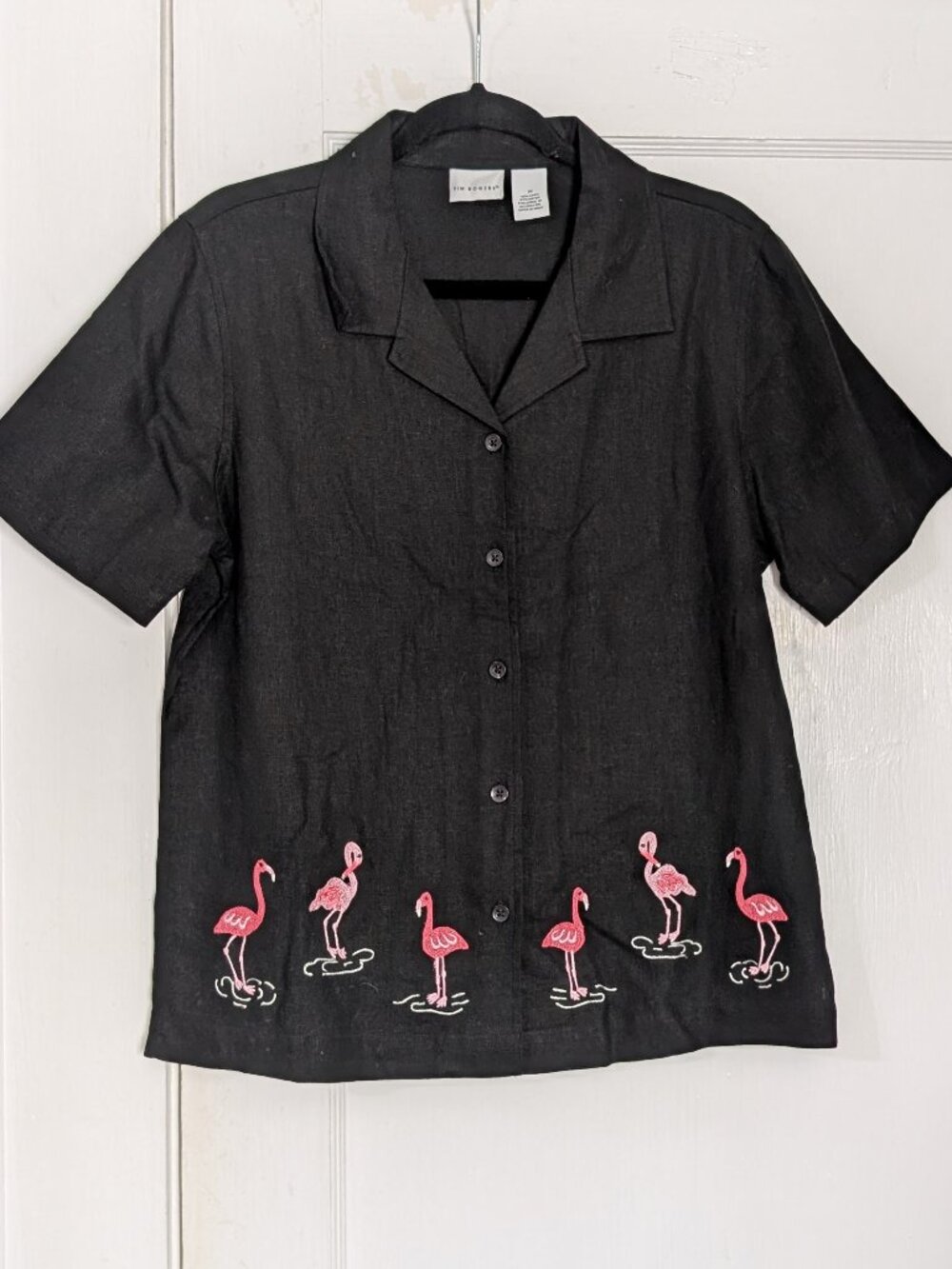 Kim Rodgers Linen Short Sleeve Button Up Women's M Black Flamingo Embroidered